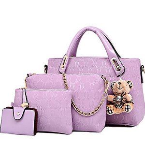 4-Piece Satchel Hobo Set – Large Tote, Purse, Shoulder Bag, Card Holder (Purple
